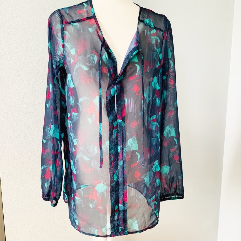 Mudd Sheer Long Sleeve Multicolor Blouse Sz Lg